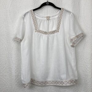 J. Crew Factory White Linen Blouse with Tan Embroidery sz Large